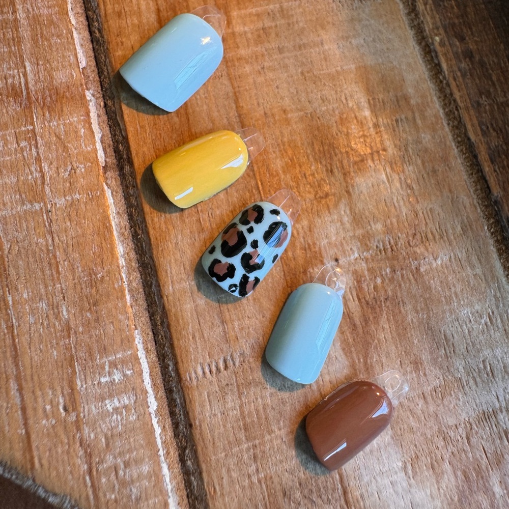 Hand Crafted Blue, Yellow, Leopard, and Brown Press-On Nails